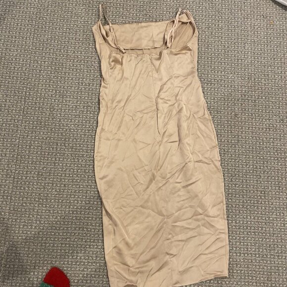 PrettyLittleThing Dress Womens 10 Rust Cowl Neck Satin Midi Tan Slit Nude - Picture 5 of 6